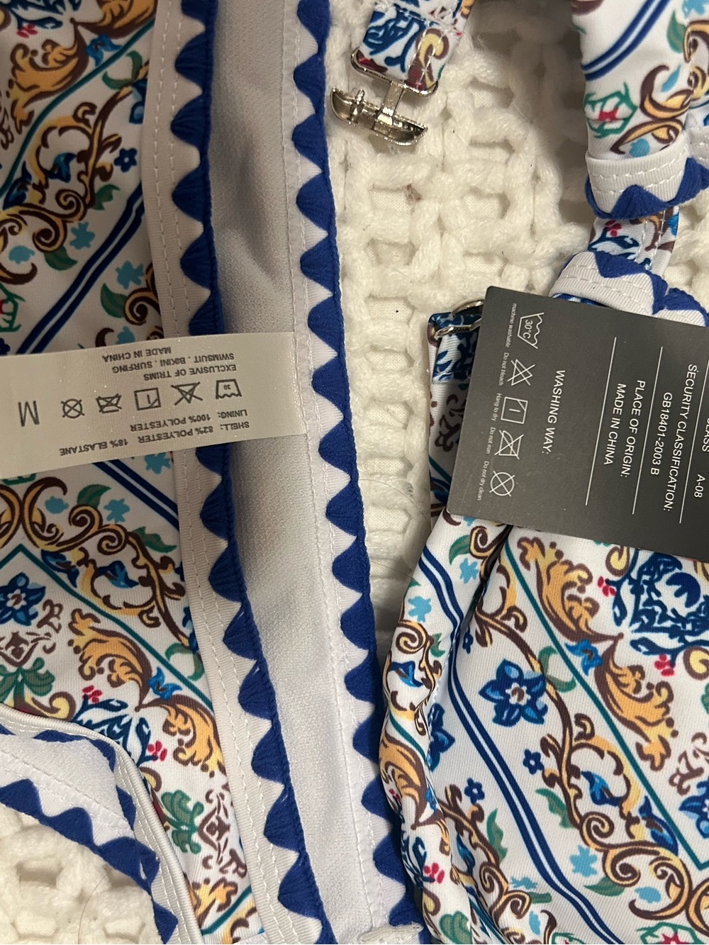 Women’s White Printed Bikini Top with Blue Trim